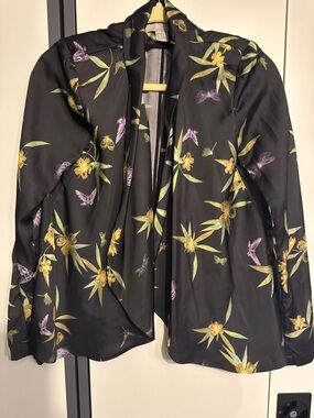 Floral Satin Open-Front Jacket in Black with Yellow & Lavender Prints